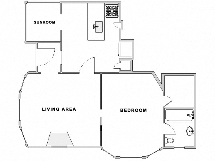 Floor plan for 1 bed, 1 bath, 650 sqft